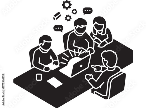 Funny cartoon illustration of a business man and woman in suits working with a laptop and money at an office table.