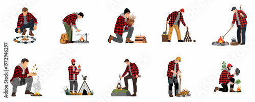Set of illustrations featuring a man in a red plaid shirt engaged in various outdoor camping activities like building campfires and gathering wood.