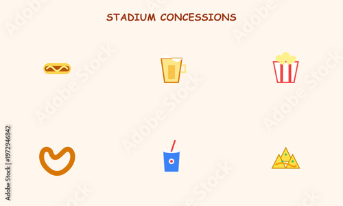 Hand-drawn stadium concession food icons set featuring hot dog beer popcorn pretzel soda and nachos for authentic illustration