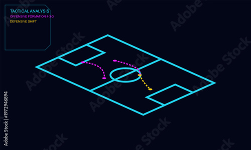 Hand-drawn digital isometric football pitch visualizing complex tactical gameplay strategies with offensive formation and defensive shifts authentic illustration