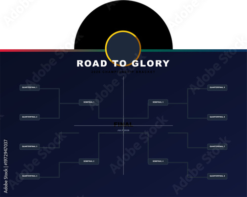 Hand-drawn professional championship knockout bracket template for sports tournaments with gold circular accents and dark blue authentic illustration