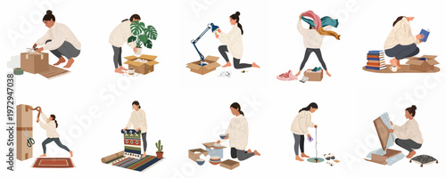 Vector illustration set of a young woman packing and unpacking household items into cardboard boxes for relocation or moving into a new home.