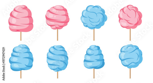 Set of eight cartoon vector illustrations of cotton candy on wooden sticks, featuring pink and blue colors in various fluffy shapes like round and conical, isolated on white.