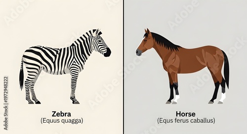 Comparison illustration of a zebra and a horse side by side
