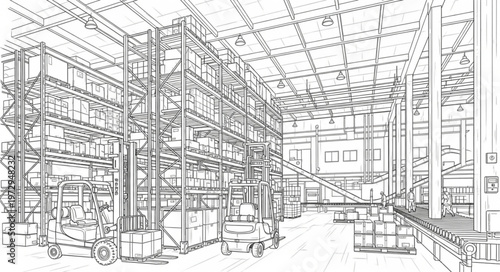 Detailed Sketch of a Large Industrial Warehouse Interior.