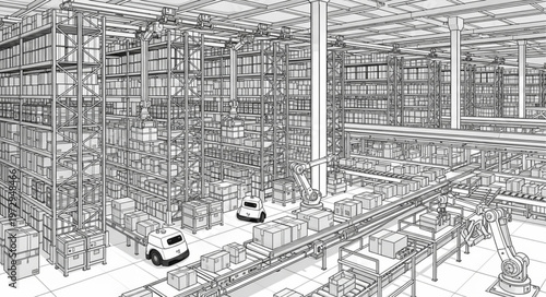 Detailed Sketch of a Large Automated Warehouse Interior.