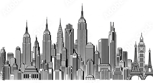 Detailed Skyline Illustration Featuring Iconic Global Landmarks.