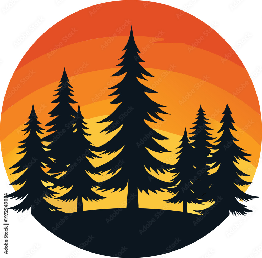 Obraz premium A striking minimalist illustration depicts a dark silhouette of coniferous trees against a vibrant gradient sunset backdrop high-quality professional, T-shirt Design