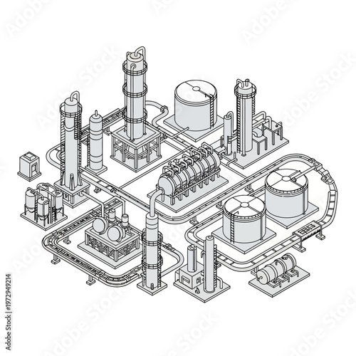 Industrial Chemical Plant Isometric Line Art Illustration.