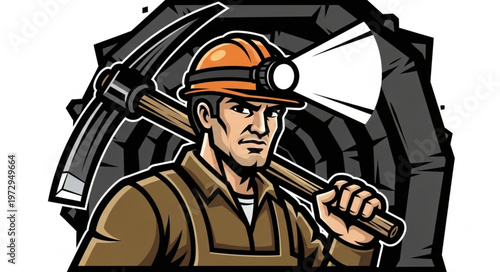 Determined Coal Miner with Pickaxe and Helmet Illustration.