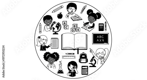 Diverse Students and Educational Elements in a Circular Design.