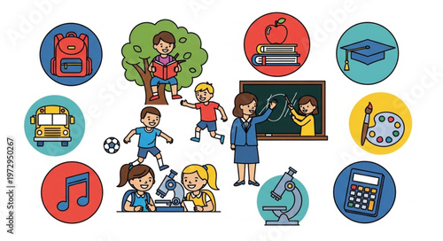 Diverse School Icons Depicting Education and Learning Activities.