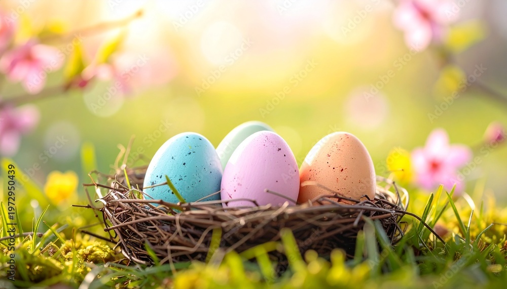 Fototapeta premium Easter eggs in a nest on a soft pastel-colored background with blurred meadow