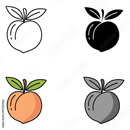 Four peaches in different styles vector illustration