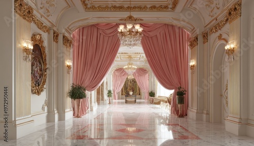 Elegant Pink Draped Hallway in a Luxurious Palace Interior.