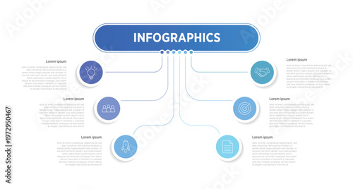 Modern and minimalist infographic template with 6 sequential steps. Creative layout featuring bold icons, numbered labels, and editable text placeholders.
