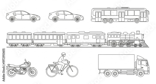 Diverse Transportation Vehicles - Cars, Trains, Motorcycles, and a Truck.