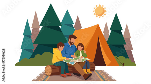 Father and children planning hike on map while camping in woods