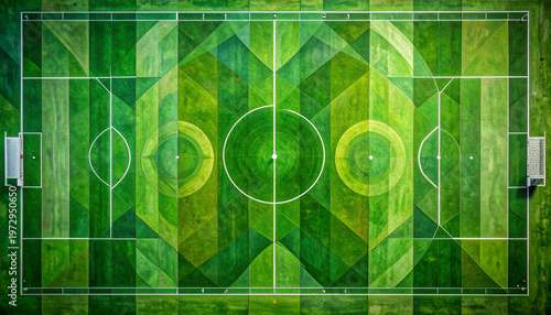 幾何学模様が描かれたサッカーフィールドの空撮