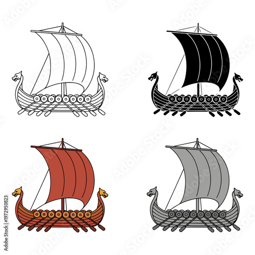 viking ship set with outline and solid styles flat design vector illustration