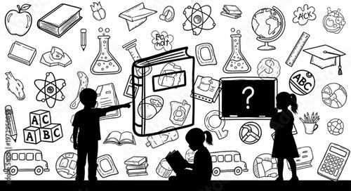 Educational Illustration with Children and School-Related Symbols.