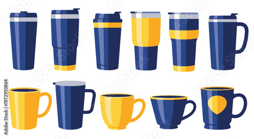 Collection of Blue and Yellow Coffee Mugs and Travel Tumblers