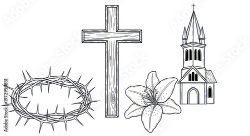 Christianity symbols: cross, crown of thorns, lily flower, church building. Religious illustration.