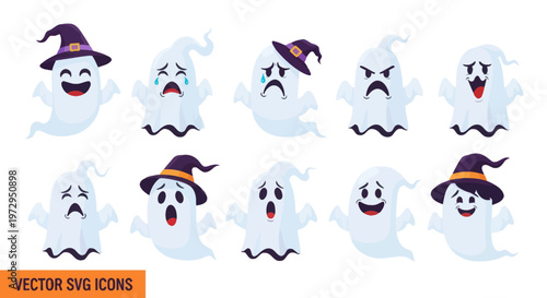 Cute Halloween Ghosts Vector Icons Set - Funny and Scary Emotions