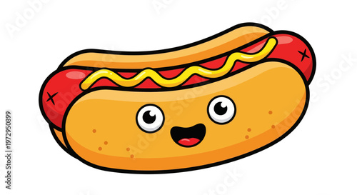 Cute cartoon hot dog with mustard and face, isolated on white