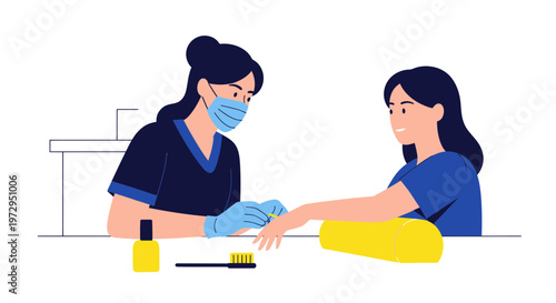 Manicurist applying nail polish to client in salon, beauty care illustration