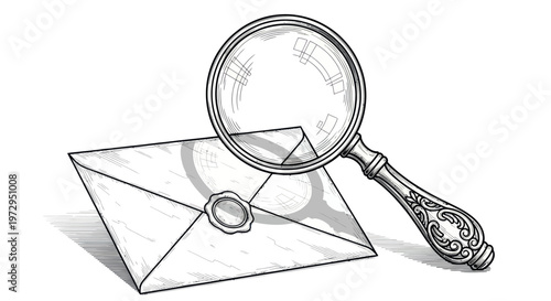 Magnifying glass over sealed envelope, investigation, discovery, secret message, vintage illustration