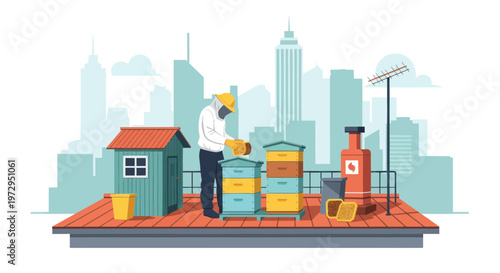 Urban Beekeeper tending hives on city rooftop with skyline background