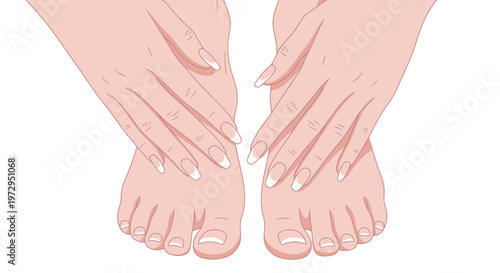 Woman's hands gently touching feet with French manicured nails, isolated on white.