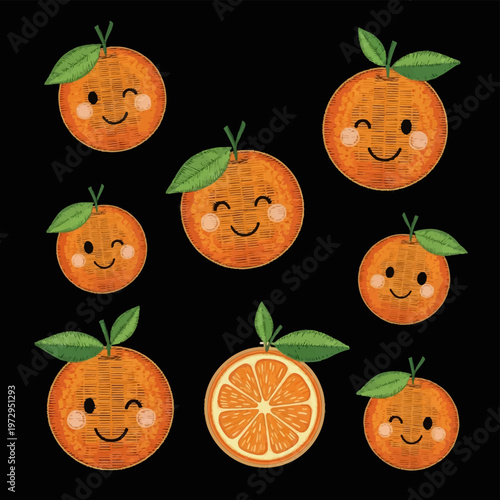 Embroidered orange fruit patches with green leaves on black background featuring multiple smiling and winking facial expressions and a detailed interior citrus cross-section slice.