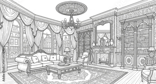Elaborate Interior Design Sketch - A Detailed Living Room.