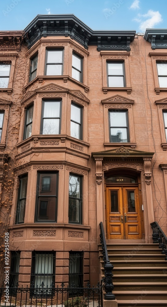 Obraz premium Historic Brownstone Building Facade with Ornate Details and Wooden Door.