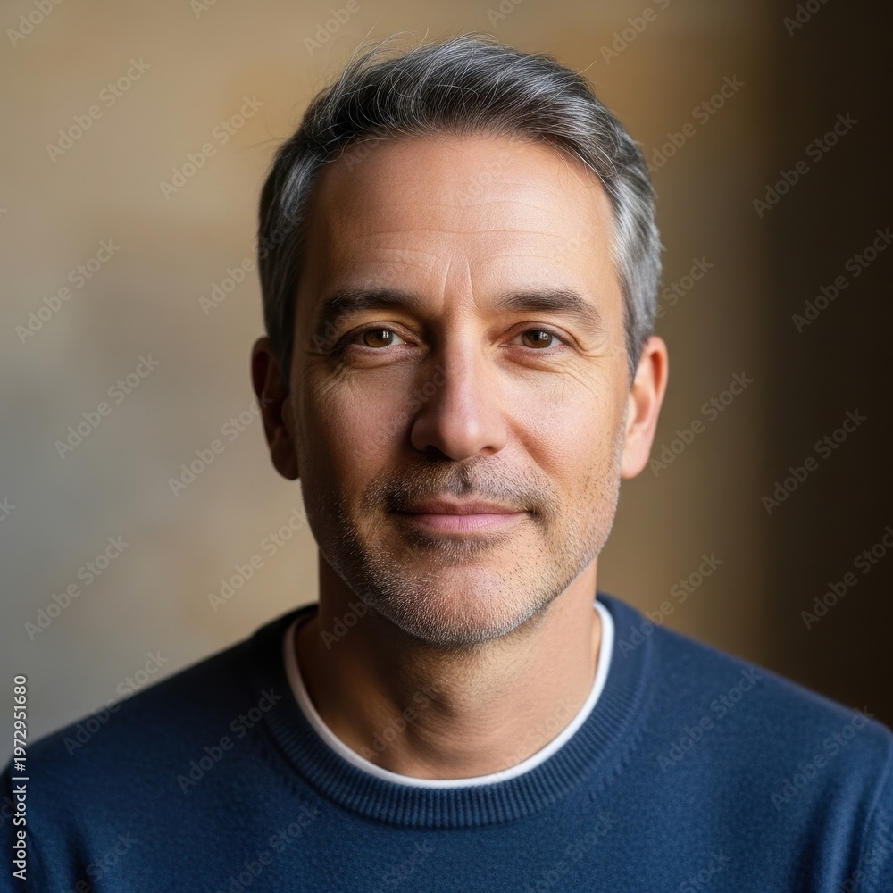 Fototapeta premium Handsome middle-aged man with gray hair and a serious expression.