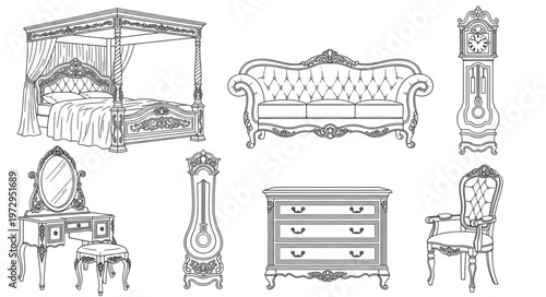Elegant Antique Furniture Collection - Bed, Sofa, Clocks, Dresser, and Chair.