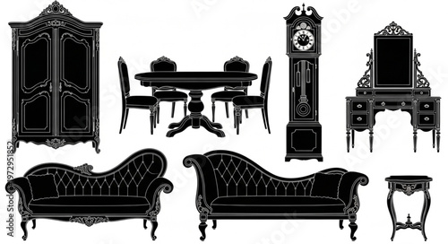 Elegant Antique Furniture Collection - Wardrobe, Table, Chairs, Clock, Vanity, Sofas, and Side Table.