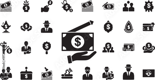 Black and white financial including hand holding dollar bill with pencil