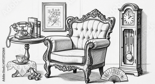 Elegant Armchair and Antique Clock in a Vintage Interior Sketch.