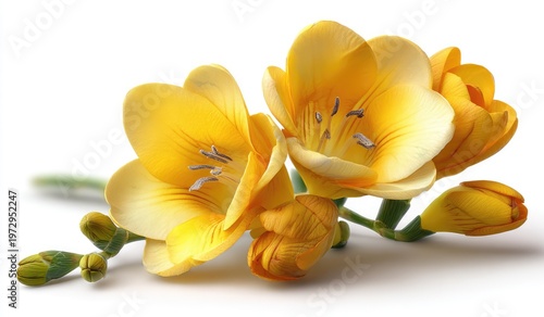 Vibrant Yellow Freesia Flowers on a Clean White Background.