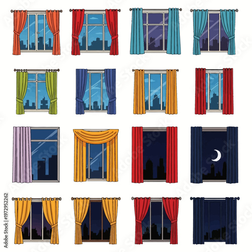 Set of sixteen vector illustrations featuring various window designs with colorful curtains and drapes in red, blue, green, and orange, showcasing daytime and nighttime city views.