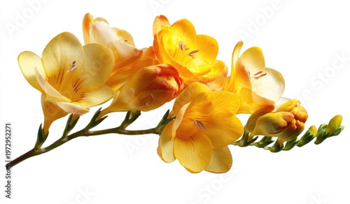 Vibrant Yellow Freesia Flowers Branch Isolated on White Background.