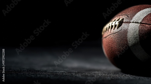 Sports history photography, a close-up of an American football on a black background, symbolizing the rich history and cultural heritage of the sport. 