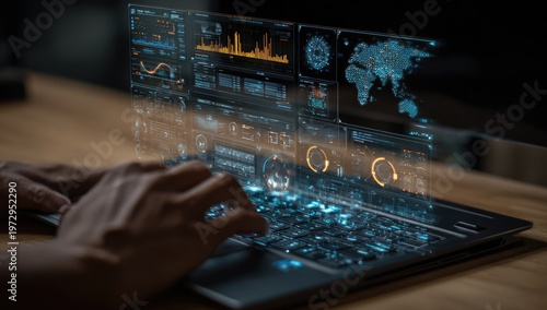 Futuristic Holographic Display Over Laptop Keyboard Showing Global Data.