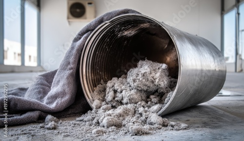 Construction debris and dust spilling from a metal drum on a dusty floor.