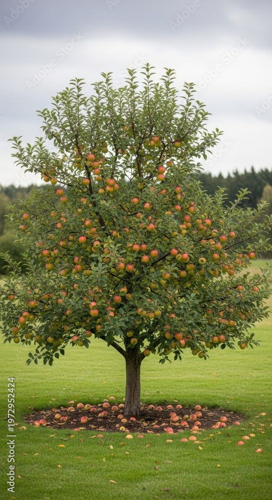 Fototapeta premium Lush Apple Tree Laden with Ripe Fruit in a Verdant Orchard Landscape.
