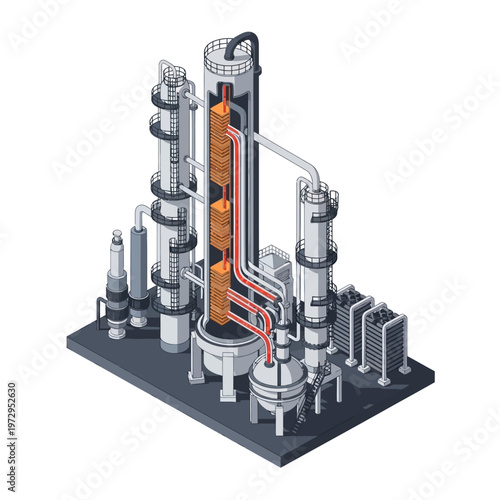 Industrial distillation column and associated equipment illustration.