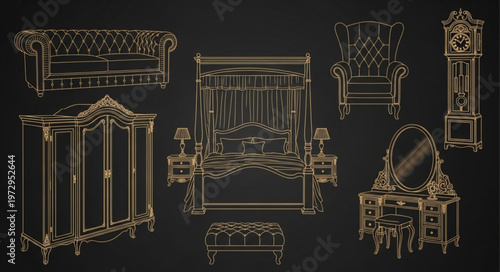 Elegant Bedroom Furniture Set with Intricate Gold Detailing.